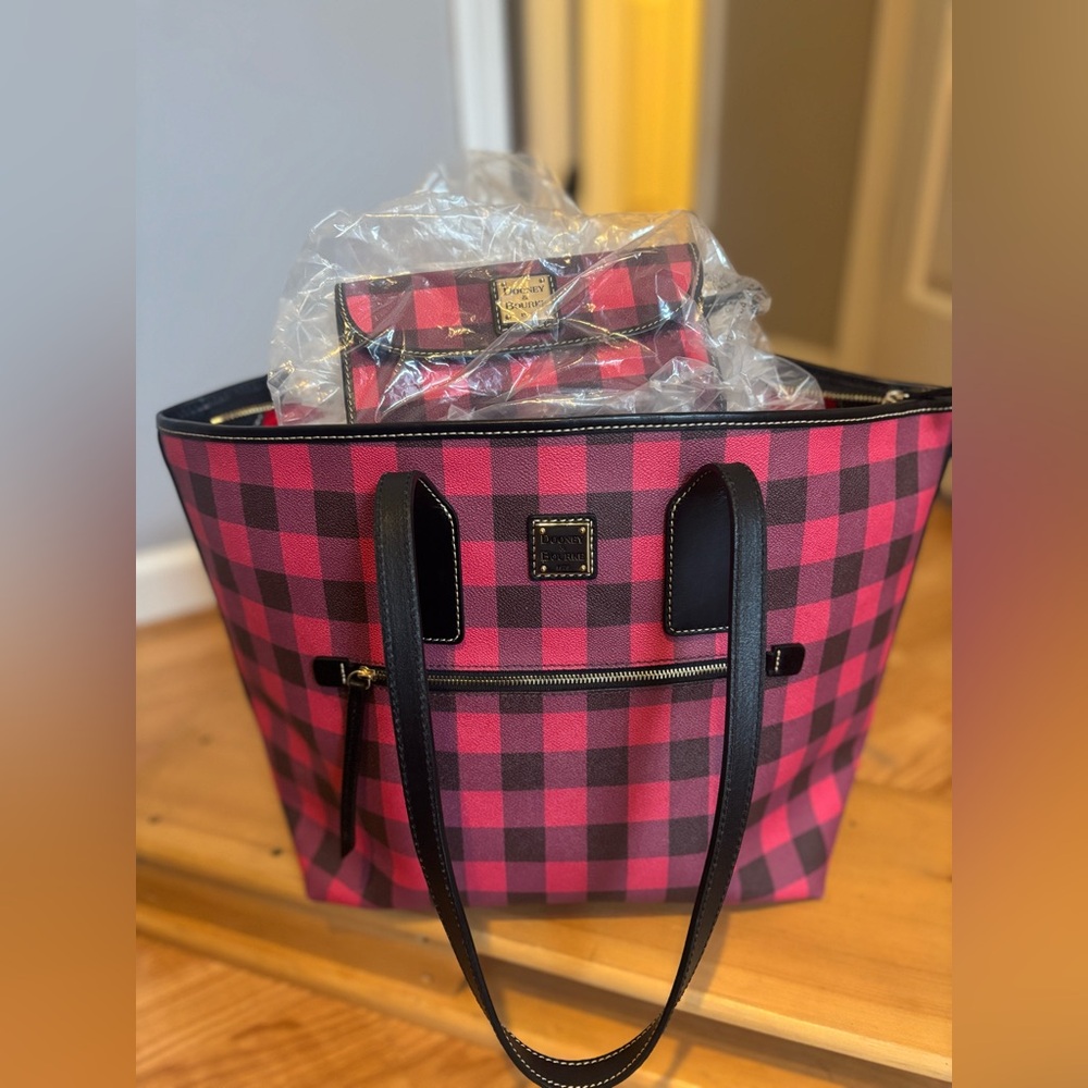 Dooney & Bourke Red and Black Checkered Tote with matching Wallet. New